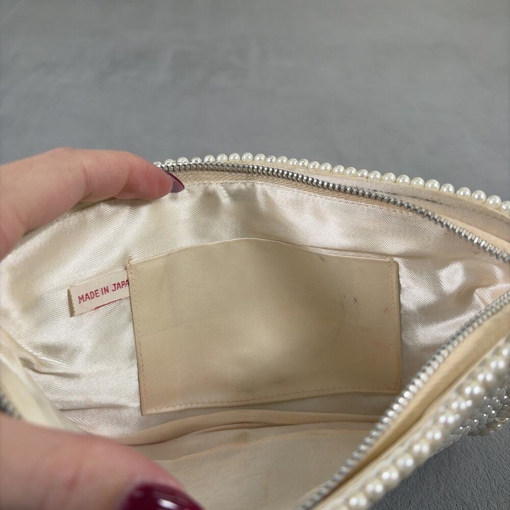 1960's Ivory & Grey Beaded Pearl Clutch Evening Hand Bag Purse Japan Vintage - Picture 10 of 13